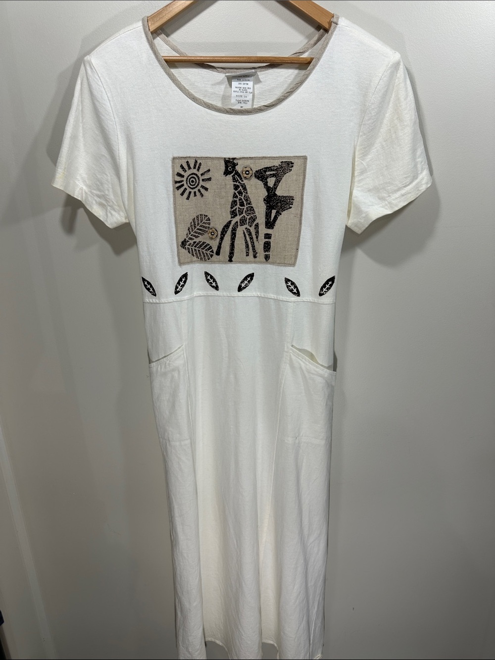 Nina Piccalino Cream Maxi Dress with Black and Tan Graphic Panel Pockets and tie
